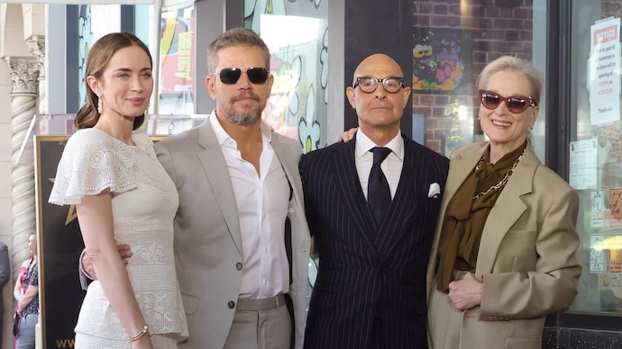 (L-R) Emily Blunt, Matt Damon, Stanley Tucci and Meryl Streep at the Hollywood Walk of Fame. (Credit: AFP) Meryl Streep, Matt Damon celebrate Emily Blunt, Stanley Tucci's Walk of Fame honors