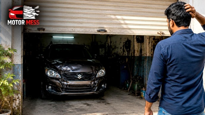 If a claim is rejected due to delayed reporting, policyholders can first approach the insurer’s grievance redressal officer. (Photo: India Today) Illustration of man standing in front of garage housing damaged car