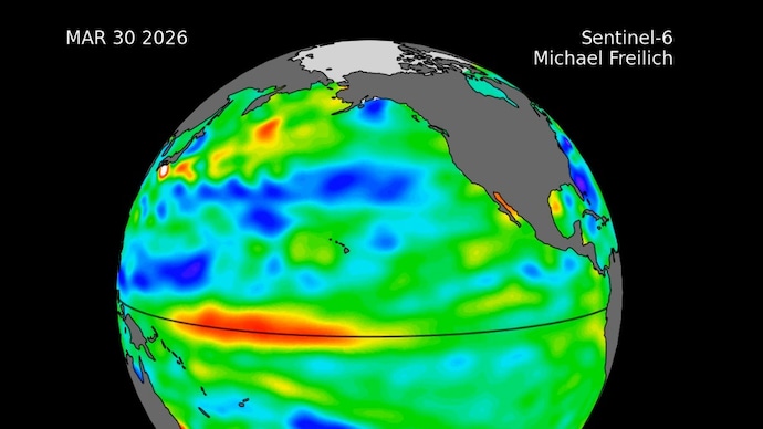 Satellite tracking image shows a part of the Pacific warming on March 30. (Photo: Nasa) Nasa satellite caught a warning about El Nino. Here's what it found
