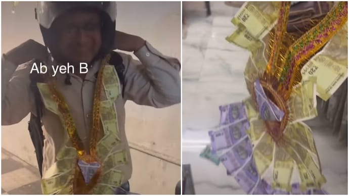 A video showing a delivery agent receiving a note garland as payment a sgone viral. (Photo: Instagram) note garland