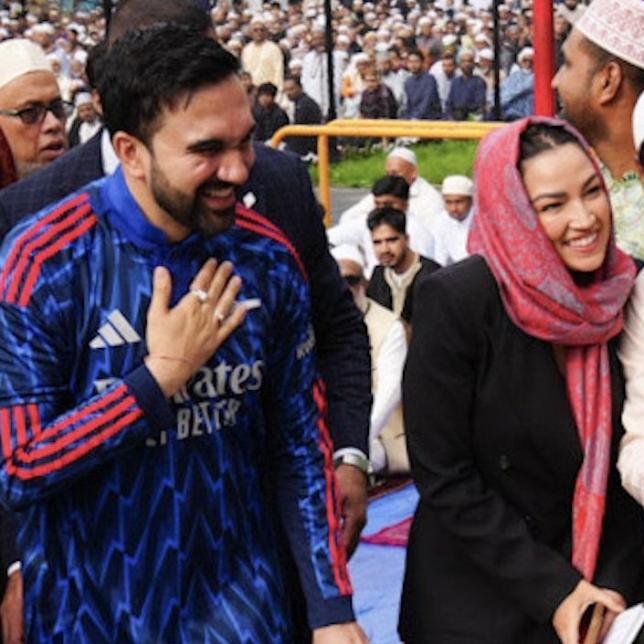 Mamdani wears Arsenal kurta, Catholic Congresswoman a hijab for NY Eid prayers