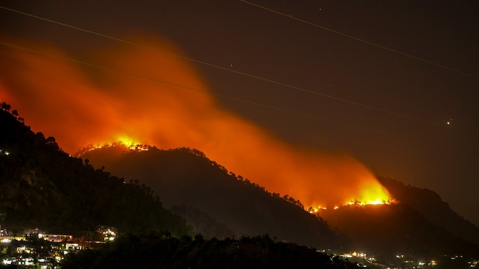 The forests in Kasauli are seen burning in late hours. (Photo: PTI) Over 62000 litres water spent: What's fuelling Himachal Pradesh's forest fires