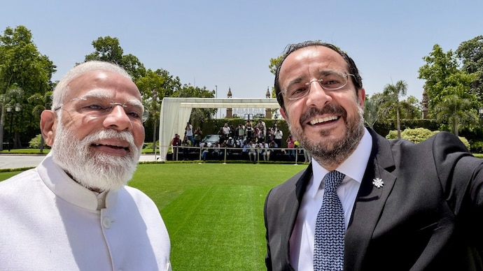 Prime Minister Narendra Modi and Cyprus President Nikos Christodoulides take a selfie before their meeting at the Hyderabad House, in New Delhi. (Image: PTI) prime minister narendra modi cyrpus persident mikos christodoulides defence deal eastern mediterranean eurasia footprint islamic nato pakistan saudi arabia turkey brahmos nagastra skystricker procurement