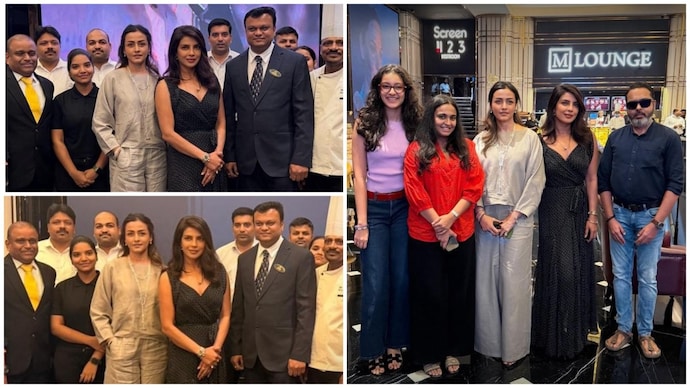 Priyanka Chopra, Namrata Shirodkar and Sitara Ghattamaneni posed for pictures at Mahesh Babu's AMB Cinemas. Priyanka Chopra visits Mahesh Babu’s AMB Cinemas with Namrata, Sitara
