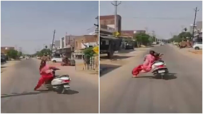 Woman thrown off scooter after hitting raised sewer cover while overtaking Punjab woman falls off scooter after hitting raised sewer cover