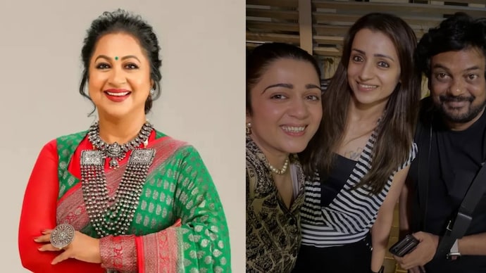 Radhika Sarathkumar and Charmme Kaur wished Trisha a happy birthday and linked Vijay's TVK win in their post. Radhika Sarathkumar, Charmme Kaur, Trisha and Puri Jagannadh
