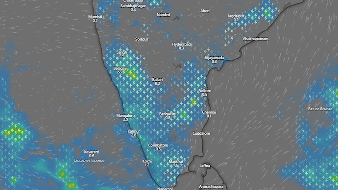 A weather map shows incoming rain and storms in Bengaluru. (Photo: Windy) Rain coming: Bengaluru to be drenched in heavy rain, gusty winds to accompany