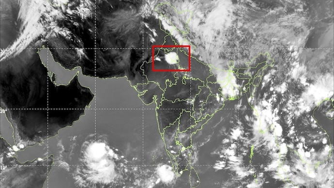 A satellite image showing cloud formation over Delhi-NCR. (Photo: IMD) Rain shortly: Orange alert for Delhi-NCR; strong showers, gusty winds approaching