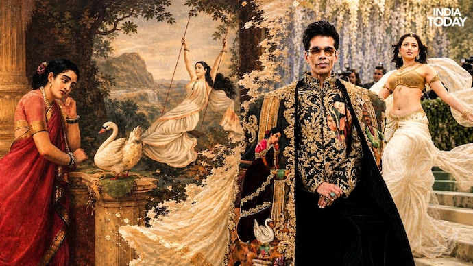 The art of Raja Ravi Varma (left) has inspired cinema and fashion over the years (Photo: IndiaToday/Vani Gupta) Raja Ravi Verma, Karan Johar, Baahubali