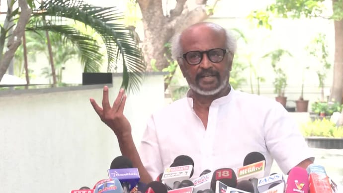 Superstar Rajinikanth addressed the media at his Poes Garden residence on Sunday. (X/@ANI) Rajinikanth