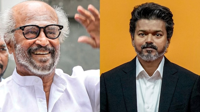 Rajinikanth (left) was entering Chennai airport when he was asked to comment on CM Vijay (right) - Photo: PTI Rajinikanth, with folded hands, refrained from commenting on Vijay becoming Tamil Nadu CM. Video