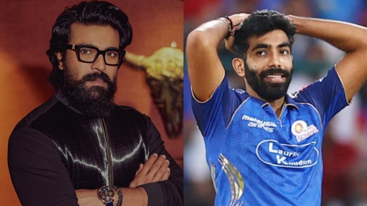 Ram Charan (left) apologizes to Jasprit Bumrah (right) for his mistake on stage