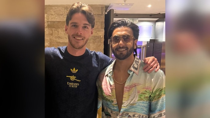 Actor Ranveer Singh (right) and Arsenal midfielder Declan Rice (left).