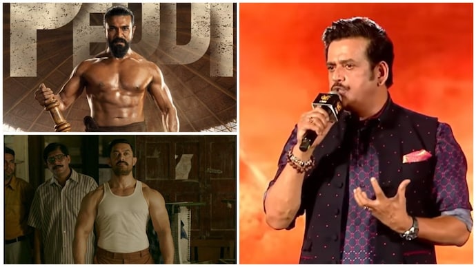 Ram Charan (left) in a scene from Peddi; Ravi Kishan (right) at the launch of the song Hellallo. Ravi Kishan predicts Ram Charan's film Peddi to get National Award, compares it with Dangal