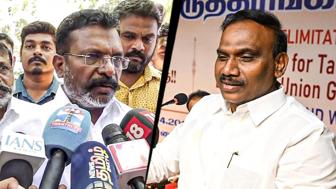 Remarks by A Raja (right) triggered a sharp retort from Thol Thirumavalavan-led VCK. Remarks by A Raja (right) triggered a sharp retort from Thol Thirumavalavan-led VCK.