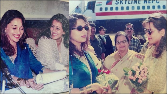 Shilpa Shirodkar and Madhuri Dixit at a live show of the 90s in Indore. (Photo courtesy: Instagram/Shilpa Shirodkar) Shilpa Shirodkar, Madhuri Dixit