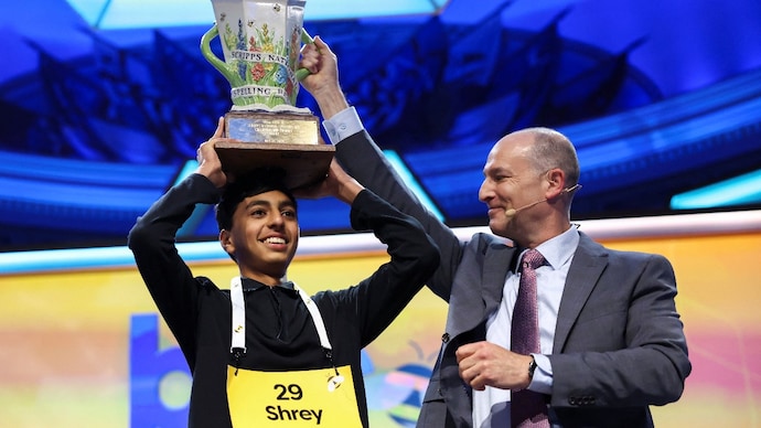 Shrey Parikh lifts the trophy after winning the annual Scripps Spelling Bee with "cashaw" as his winning word. (Reuters) Shrey Parikh lifts the trophy after winning the annual Scripps Spelling Bee with "cashaw" as his winning word. (Reuters)