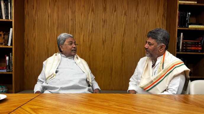 Karnataka CM Siddaramaiah with his deputy DK Shivakumar at Congress headquarters in Delhi