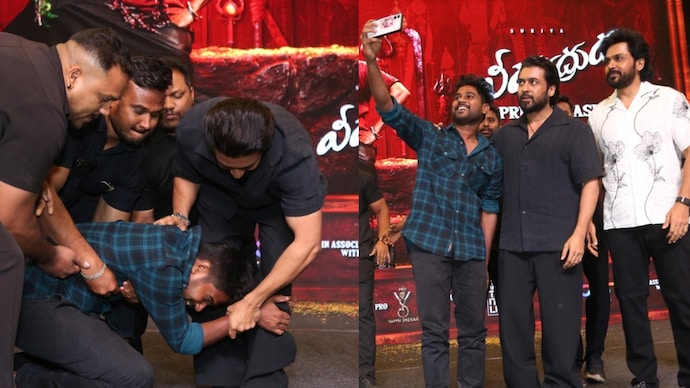 Actor Suriya helped a fan to get his selfie by stopping the security at Karuppu Hyderabad event. Suriya, Karthi and a fan