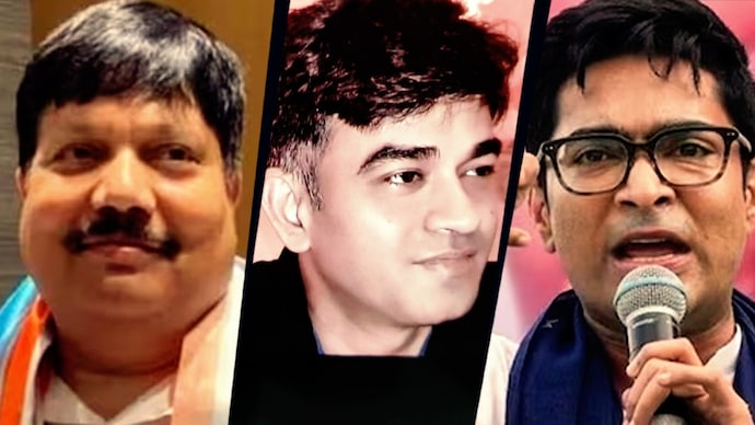 Bengal BJP leader Arjun Singh (left), Suvendu Adhikari's deceased aide Chandranath Rath (Centre) and TMC MP Abhishek Banerjee. Suvendu Adhikari aide killing
