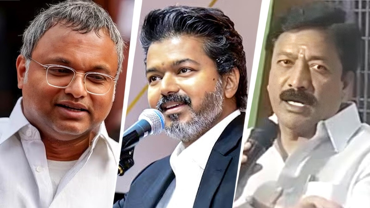 Congress MP Karti Chidambaram (left), Tamil Nadu Chief Minister C Joseph Vijay (Centre) and leader of AIADMK rebel faction CV Shanmugam. (File photo) Tamil Nadu politics