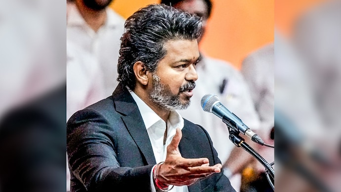 Tamilaga Vettri Kazhagam (TVK) chief C Joseph Vijay takes oath as the Tamil Nadu Chief Minister during the swearing-in ceremony, at Jawaharlal Nehru Stadium, in Chennai, Sunday, May 9, 2026. (PTI) Tamilaga Vettri Kazhagam (TVK) chief C Joseph Vijay takes oath as the Tamil Nadu Chief Minister during the swearing-in ceremony, at Jawaharlal Nehru Stadium, in Chennai, Sunday, May 9, 2026. (PTI)