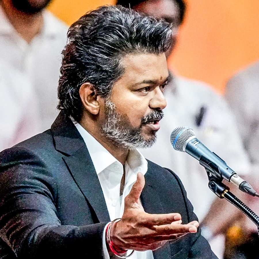 Tamilaga Vettri Kazhagam (TVK) chief C Joseph Vijay takes oath as the Tamil Nadu Chief Minister during the swearing-in ceremony, at Jawaharlal Nehru Stadium, in Chennai, Sunday, May 9, 2026. (PTI)