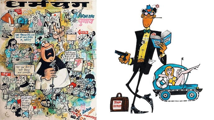 THAT MARIO MAGIC: Left, cover for Dharmayug, 1972 | Right, an inimitable character from Miranda's take on Bollywood