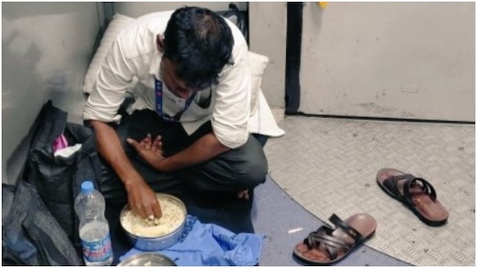 A post showing a train attendant having his meal on the floor has gone viral. (Photo: X) train