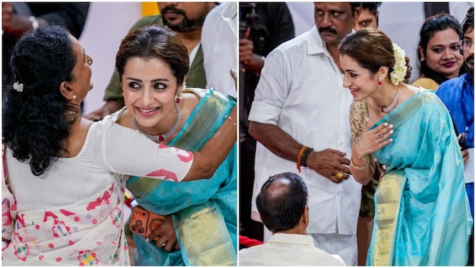 Trisha attended Vijay's swearing-in ceremony on Sunday and gave her mother a warm welcome at the stadium. (Photo: PTI) Trisha hugging Vijay's mother