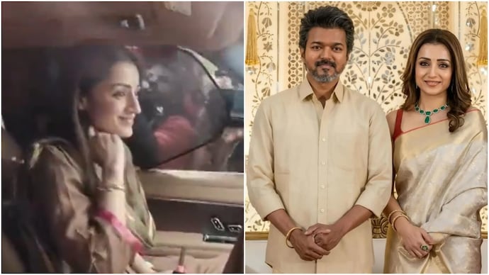 A glimpse of Trisha from outside Vijay's home/ Vijay and Trisha during a wedding. (Credit: ANI) Trisha Krishnan, Vijay