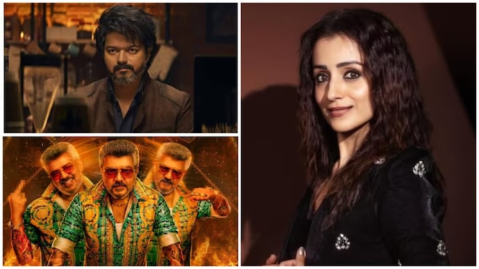 Trisha Krishnan (right); Victory in Leo (top left); Ajit (bottom left) in Good Bad Ugly. Trisha reacts to fan pointing out common factor in Vijay, Ajith and Surya's top hits