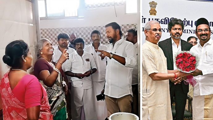 HITTING THE GROUND... A TVK leader inspects an Amma canteen, Kadayanallur; (right) Vijay with A.M. Shahjahan, first-ever IUML minister. (Photo: ANI)