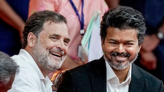 TVK chief Vijay met Congress leader Rahul Gandhi at the swearing-in ceremony on Sunday.