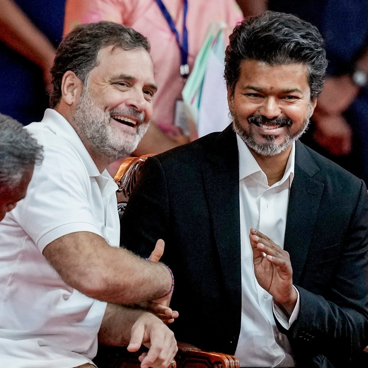 TVK chief Vijay met Congress leader Rahul Gandhi at the swearing-in ceremony on Sunday.