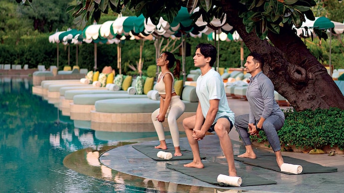 Stretching by the poolside