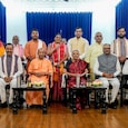 Uttar Pradesh Governor Anandiben Patel, Chief Minister Yogi Adityanath, his Deputies Keshav Prasad Maurya and Brajesh Pathak with newly-inducted ministers. (Photo: PTI) Uttar Pradesh Governor Anandiben Patel, Chief Minister Yogi Adityanath, his Deputies Keshav Prasad Maurya and Brajesh Pathak with newly-inducted ministers. (Photo: PTI)