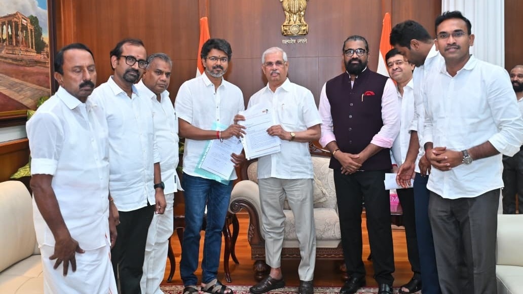 TVK chief Vijay meets Tamil Nadu Governor Rajendra Arlekar at the Lok Bhavan in Chennai on Friday.