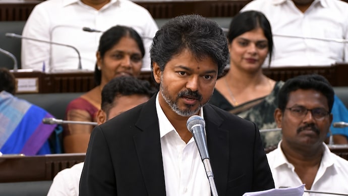 Vijay addressing the Tamil Nadu assembly on Tuesday. (Photo: PTI) Vijay addressing the Tamil Nadu assembly on Tuesday. (Photo: PTI)