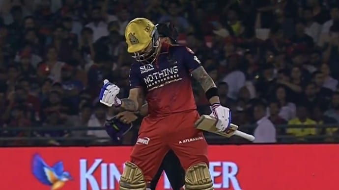 Kohli celebrated after avoiding a hattrick of ducks in IPL 2026. (ScreenGrab: JioHotstar) Virat Kohli, RCB vs KKR, Raipur
