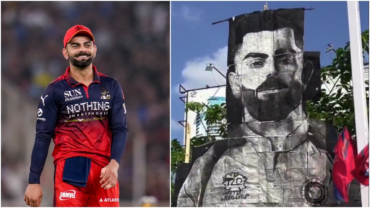 Virat Kohli artwork outside the Ekana Stadium in Lucknow (Courtesy: PTI/Screengrab from X) Virat Kohli artwork