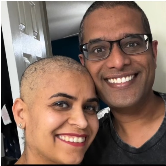 Husband shaves head after helping wife through cancer treatment hair loss