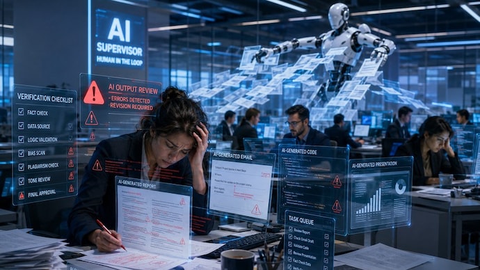 AI was supposed to save time. So why are workers spending 6 hours a week ‘botsitting’? (AI generated image)
