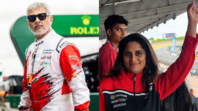 Ajith Kumar's wife Shalini cheered for him at a racing event. Ajith Kumar and Shalini