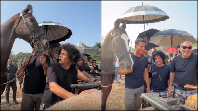 The mischief of Akshay Kumar's horse shocked Rajpal Yadav. (Photo courtesy: Instagram/Akshay Kumar) Akshay Kumar, Rajpal Yadav, Paresh Rawal