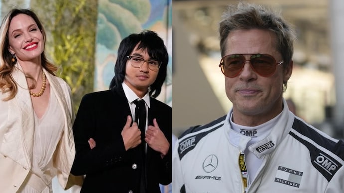 Angelina Jolie (L) and Brad Pitt's (R) son Maddox (M) dops 'Pitt' surname.