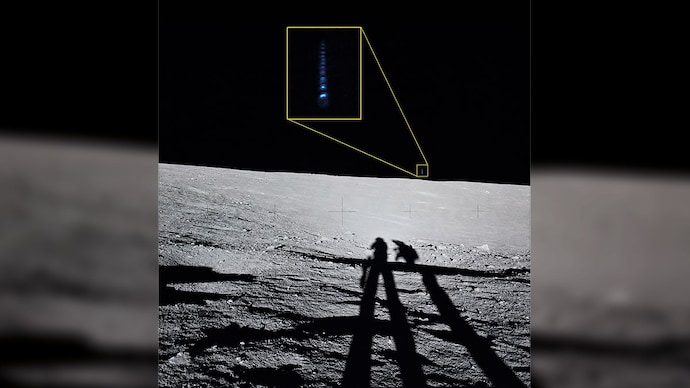 A magnified view of an unidentified phenomenon visible above the lunar horizon near the Apollo 12 landing site in November 1969. The image was released by the US administration on May 8, 2026 (All images are AI-enhanced)