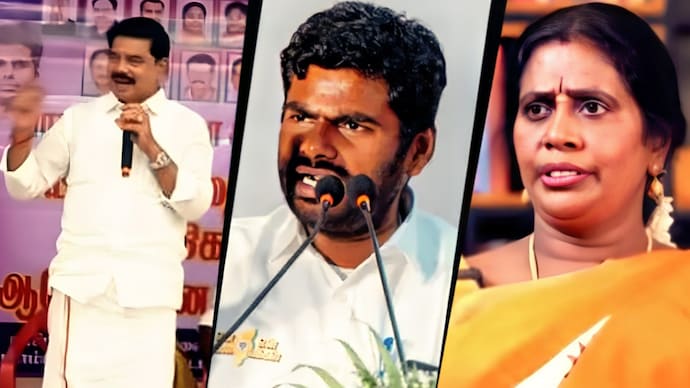 BJP state vice president Karu Nagarajan, ex-Tamil Nadu BJP chief K Annamalai and BJP state secretary Sumathi Venkatesh BJP state vice president Karu Nagarajan and Sumathi Venkatesh