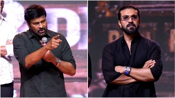 Chiranjeevi (L) and his son Ram Charan (R) at Peddi's success event in Hyderabad. Chiranjeevi and Ram Charan at Peddi event