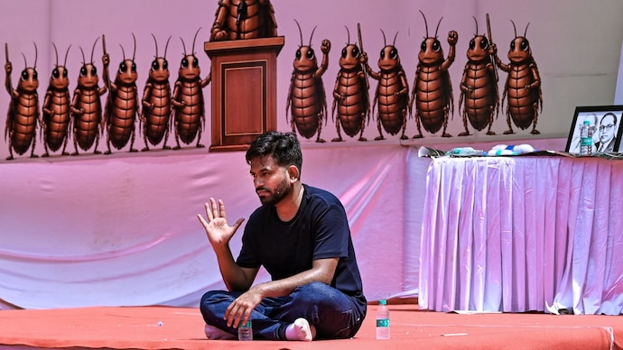 Cockroach Janta Party (CJP) founder Abhijeet Dipke on the second day of a protest over alleged examination irregularities, repeated paper leaks